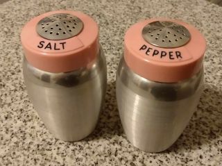 Rare Vintage 1950s Kromex Spun Aluminum Salt & Pepper Shakers Canisters Pink Lid