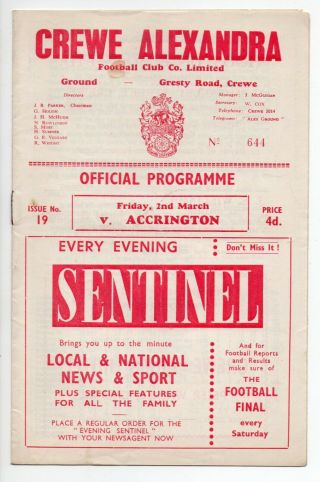 Crewe Alexandra V Accrington Stanley Football Programme 1962 Rare