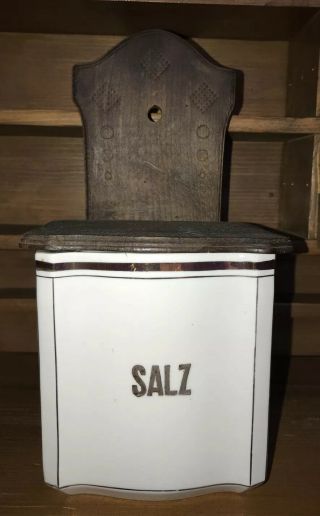 Antique Art Deco German Porcelain Wall Primitive Salt / Salz Box Farm House