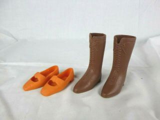 Vintage 70s Ideal Crissy Velvet Brown Granny Boots & Orange Bow Shoes
