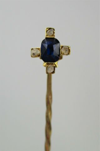 Rare Antique C19th Victorian Era 18ct Gold Sapphire & Diamond Set Tie Lapel Pin