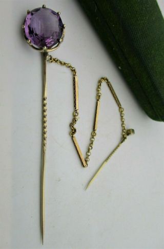Rare Antique Mid C19th Victorian Era 9ct Gold Amethyst Set Lapel / Tie Stock Pin