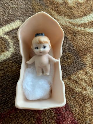Mini Kewpie Cupie Baby Doll Figurine With Crib Bisque Porcelain Vintage 1.  5”