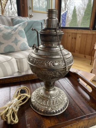 Antique Embossed The Juno No 2 Metal Oil Lamp Edward Miller Co (electrified)