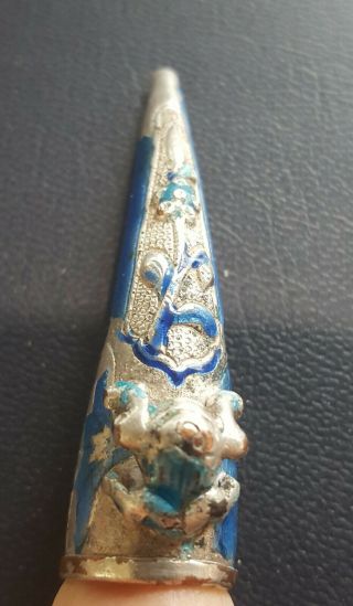 Antique Chinese Nail Guard Silver Blue Cloisonne Frog Decoration