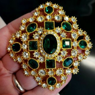 Rare Vintage Joan Rivers Cross Emerald Green Rhinestones Pin Brooch 3 " T X 2.  75 " W