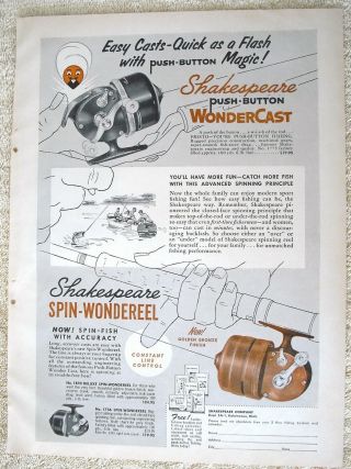 Vintage 1958 Shakespeare Fishing Reel Ad Push Button Wondercast Spin Wondereel