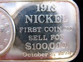 1 - Oz.  999 Pure Silver Rare 100,  000 1913 Nickel World Wide Art Bar,  Gold