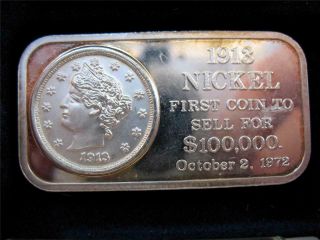 1 - OZ.  999 PURE SILVER RARE 100,  000 1913 NICKEL WORLD WIDE ART BAR,  GOLD 3