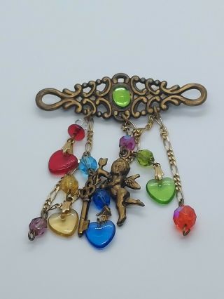 Vintage Retro Antiqued Brass Cherub Multi Color Glass Heart Charms Brooch Pin