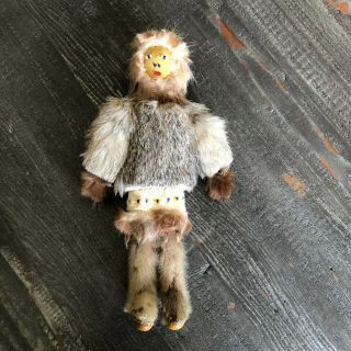 Vintage Eskimo Inuit Doll Real Fur Parka Beaded Leather Face And Soles,  10 Inch