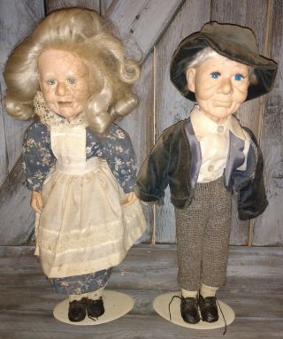 Antique Porcelain Old Man And Woman Dolls Rare With Stands Very Unique Dolls