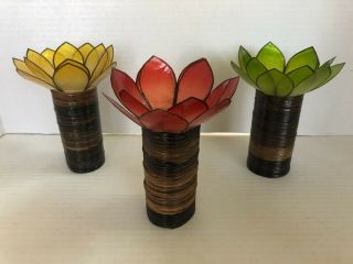 Red Yellow Green Lotus Flower Capiz Shell Tea Light Candle Holders Hand - Crafted