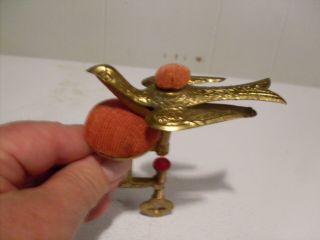 Rare Antique Sewing Bird 1800s Clamp Brass Embossed Metal Pin Cushion