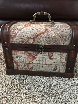 Decorative Wood Treasure Box - Small Trunk Chest World Map Storage Letters Photo