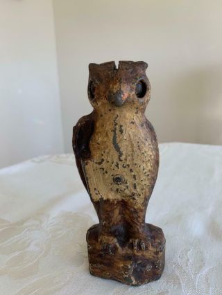 Rare Antique Cast Iron Coin Bank Wise Owl With Book Under Arm Eyes Open & Close