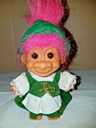Russ Troll Doll 5 " Tall German Girl Round The World Green White Dress Pink Hair