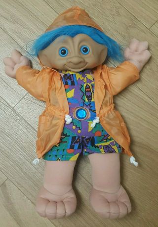 16 " Vintage Treasure Troll Doll Blue Hair & Eyes Ace Novelty 1991 W/ Rain Jacket
