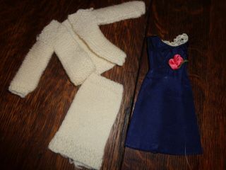 Vintage Barbie Sized Clone Homemade Knitted Skirt Jacket & Navy Dress W/flower