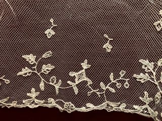 19th C.  Point de Gaze needle lace border trailing floral applique on fine net 2