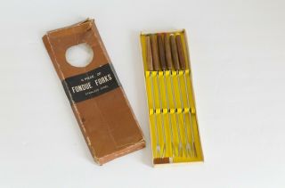 Vintage Fondue Forks Stainless Steel With Teak Wood Handle Set Of 6 Retro Boho