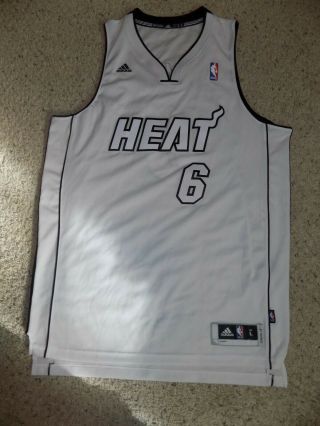 Rare Adidas L Miami Heat Lebron James 6 White On White Sewn Basketball Jersey
