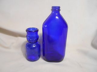 2 Vintage Cobalt Blue Antique Glass Phillips Medicine & Half Pint Face Bottles