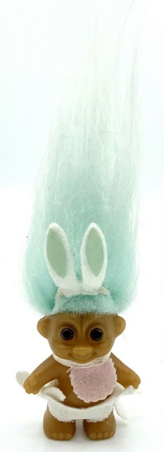 Russ 2” Baby Troll Easter Bunny Ears Troll Pink Bib Diaper Blue Hair Vintage 90