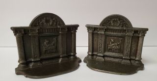 Antique Cast Iron Book Ends.  Victorian Fireplace,  Lady Sewing.  3 3/4 " Tall.