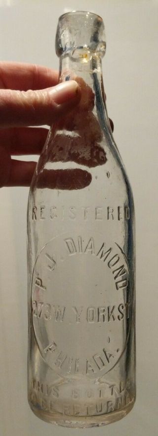 Antique P J Diamond Applied Blob Top Soda Or Beer Bottle York St Philadelphia Pa