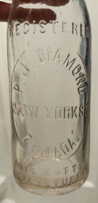 Antique P J Diamond APPLIED BLOB TOP SODA OR BEER BOTTLE York St Philadelphia PA 2