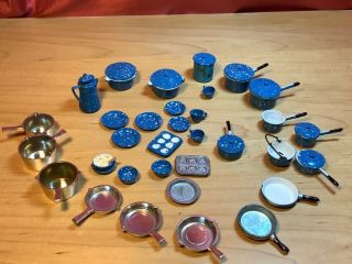 Vintage Blue Speckled Enamelware Miniature Dollhouse Pots And Pans Cookware Dish