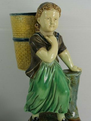 Old Majolica Figure Of A Young Girl Carrying Basket Minton Interest Rare
