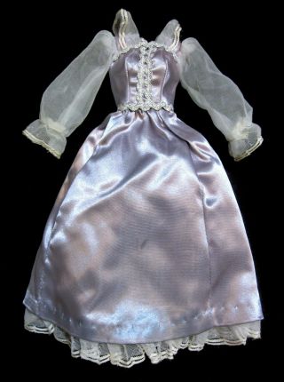 Vintage 1970s Blue Satin Silver Barbie Doll Princess Gown Dress