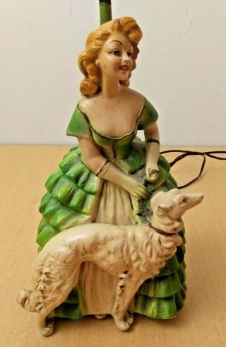 Vintage Lamp Lady In Green Dress Dog Borzoi - From Riverview Gift Shop 1960s