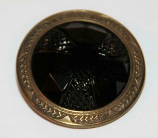 Xl 1 3/4 " Molded Black Glass " Gem " & Metal Antique Sewing Button Metal Shank A,