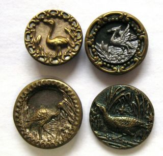 Four Small Antique Buttons Long Legged Birds