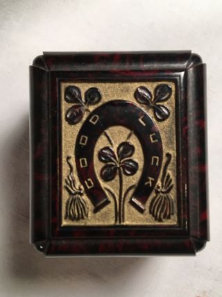 Rare 1920s Art Deco Brown Tortoise Shell Bakelite Carved Good Luck Ring Box