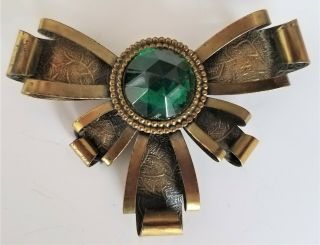 Large Antique Vintage Brooch Pins Brass Bow Green Stone
