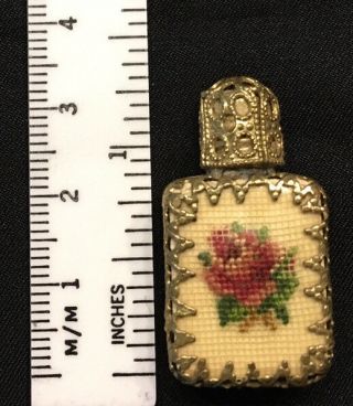 Vintage Miniature Petite Needlepoint White Rose Glass Perfume Bottle W/dauber
