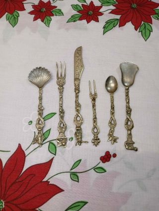 Vtg Miniature Ornate Silverware Set / 6 Silver - Plate Italy Cocktail Pickle Spoon