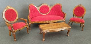 Vintage Red Velvet Couch 2 Chairs & Coffee Table Doll House Furniture