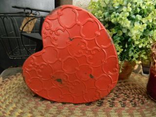 Heart Shaped Red Painted Tin Box Primitive Vintage Country Farmhouse