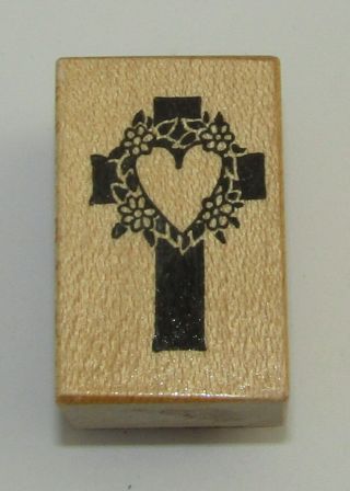 Cross Rubber Stamp Heart Wreath Psx Wood Mounted Rare 1.  5 " High
