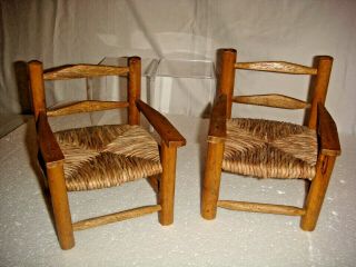 Vintage Set Of 2 Miniature Doll Bear Chairs Country Style Woven Rush Seats