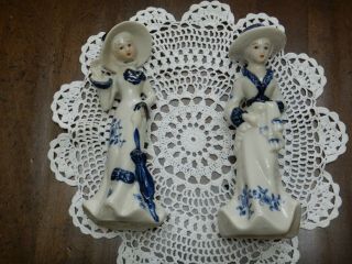 2 Vtg 6.  5 " High Porcelain Figurines Ladies Done W/delft Blue Handpaint Details