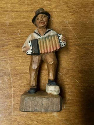Vintage Black Forest? Anri? Wood Carving Man Playing Accordion 3.  5 In.  High