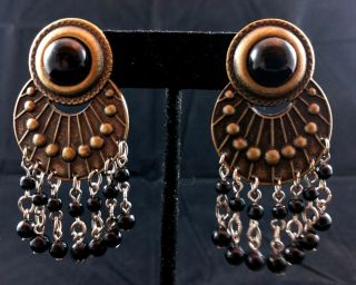 Vintage Antique Gold Tone Pierced Dangle Earrings With Black And Silver Dangles
