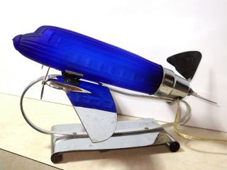 1970s Sarsaparilla Cobalt Blue Glass & Chrome Dc - 3 Plane Lamp Art Deco Rare