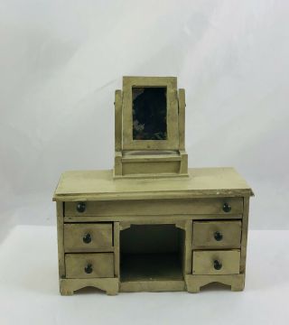 Vintage Dollhouse Miniature Furniture Green Painted Wood Dresser With Mirror